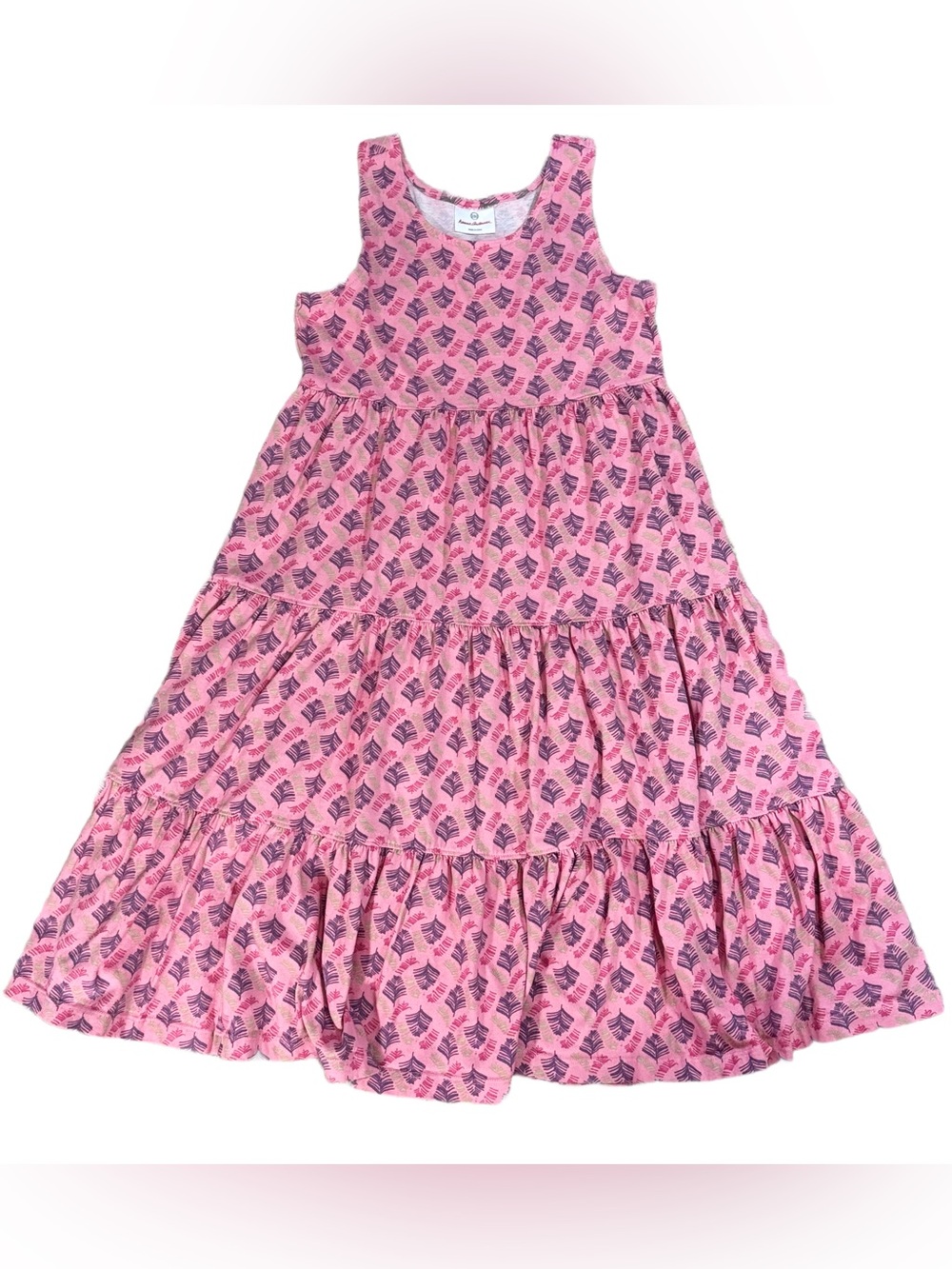 Hanna Andersson Pink Cotton Tiered Dress with Purple Palm Leaf Print Size 12